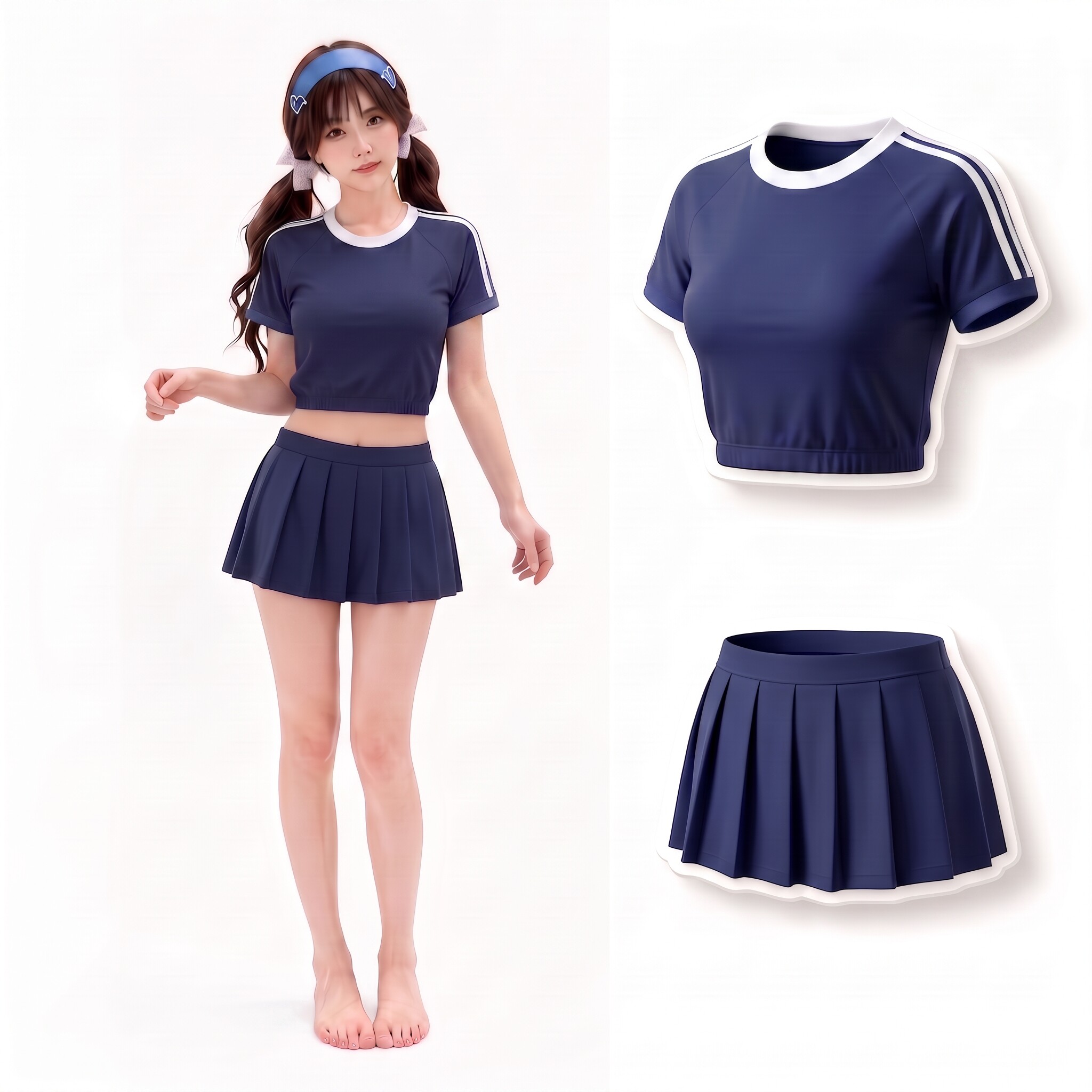 JK运动风藏蓝色三件套泳衣女二次元少女短款上衣百褶裙海边度假