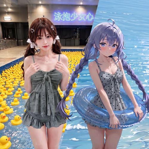 少女波点蝴蝶结荷叶边修身泳衣