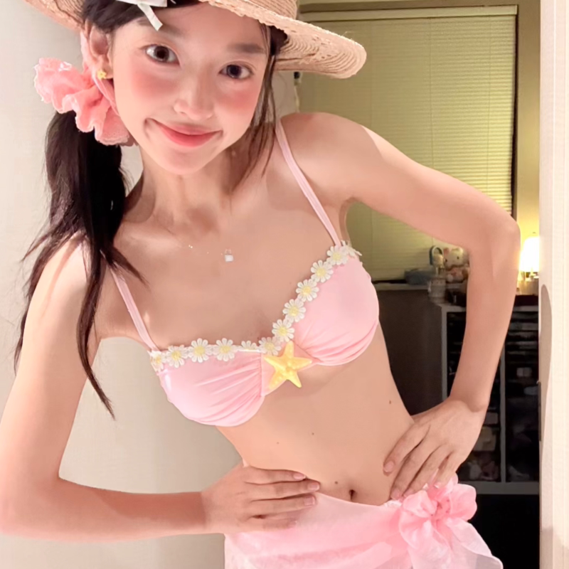 日系甜美粉色海星比基尼四件套