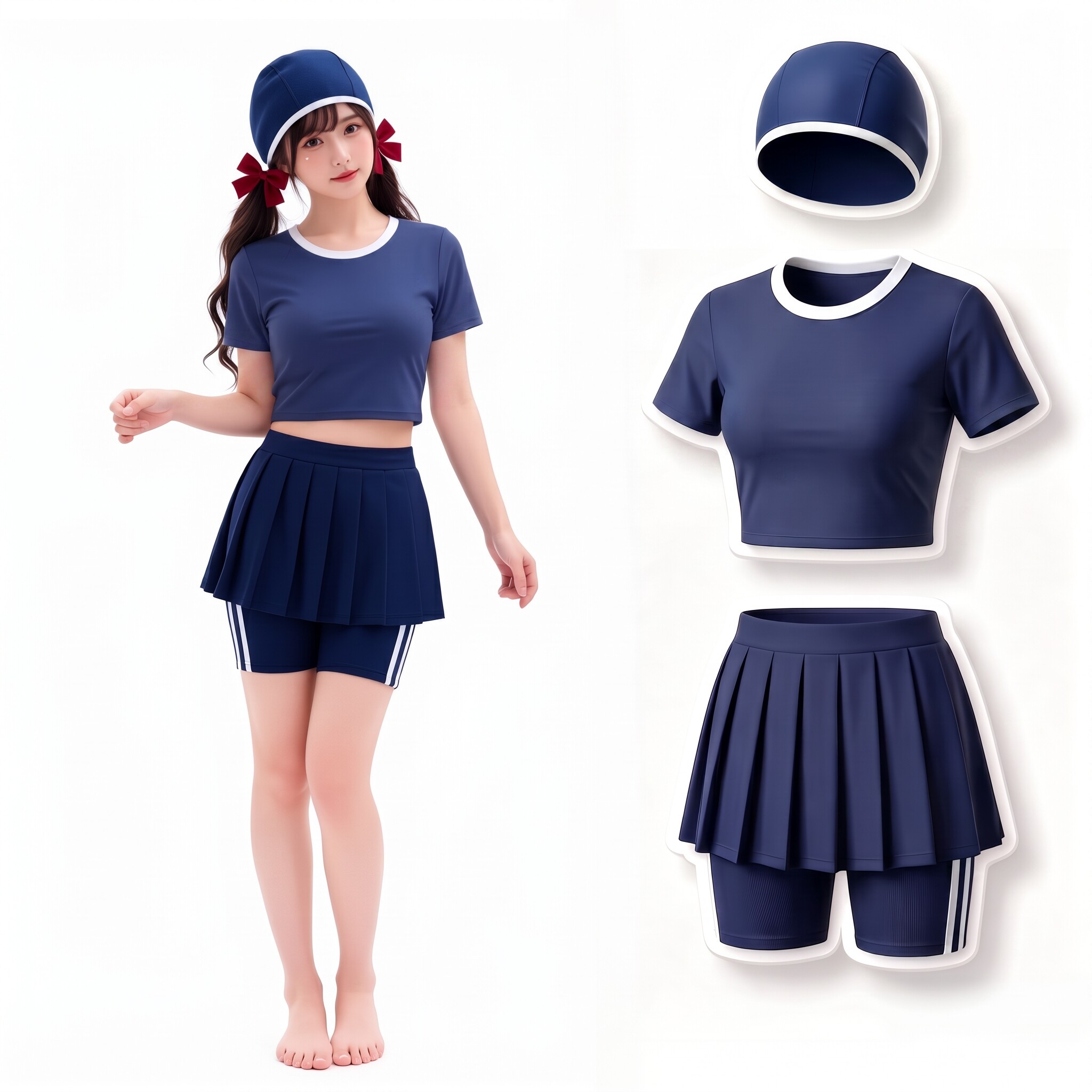 日系校供风藏蓝短款体操服少女露脐三件套二次元运动服分体泳衣
