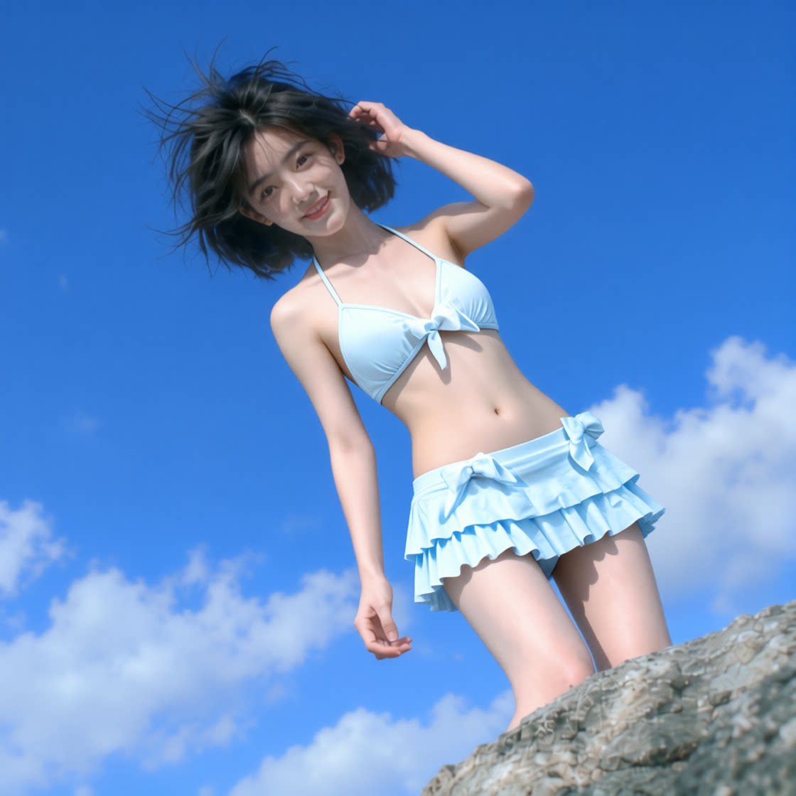 日系可爱少女性感白色蝴蝶结裙式比基尼女分体泳衣海边温泉度假