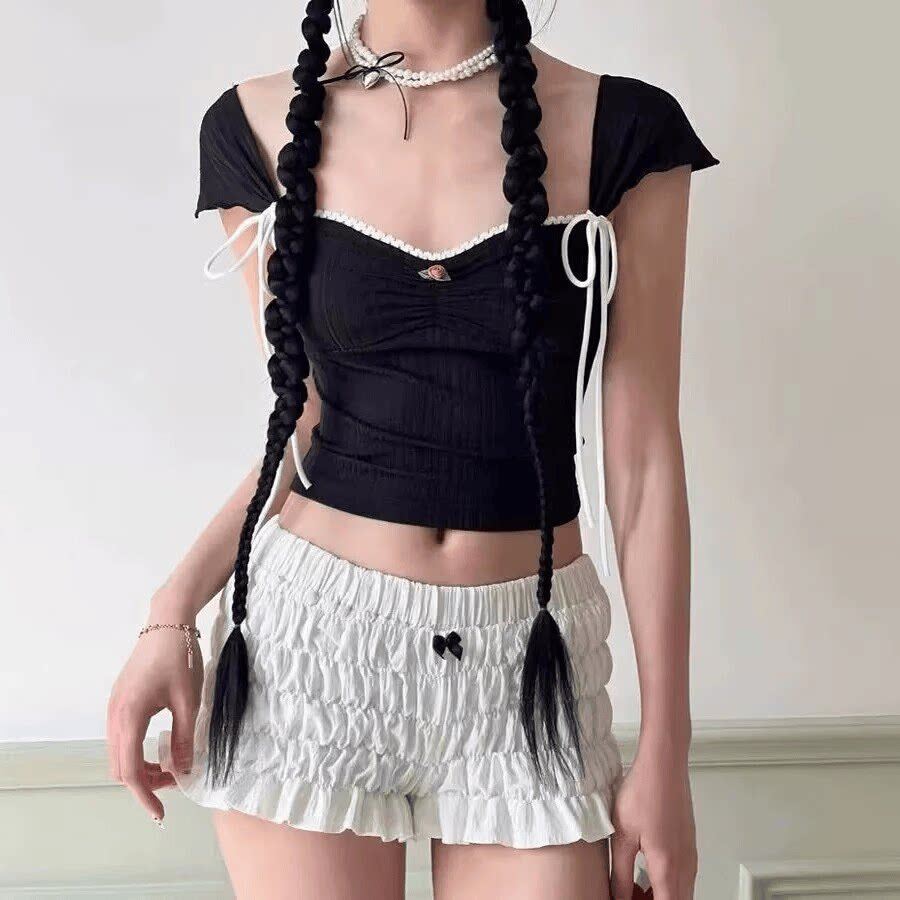 黑白色性感比基尼甜美蕾丝边吊带背心女系带修身辣妹保守平角裤