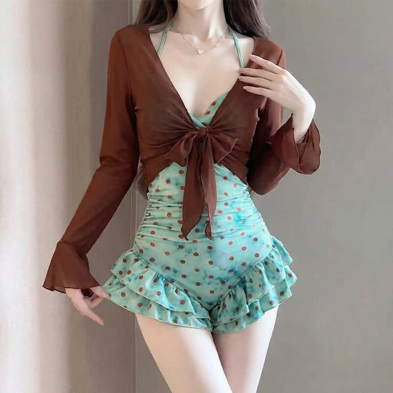 INS风绿色波点性感连体泳衣
