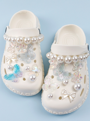 适配CS洞洞鞋配饰透明蝴蝶配件百搭珍珠鞋花可拆卸装饰DIY饰品扣