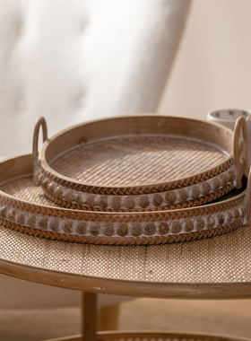 藤编实木托盘手工复古香水圆形收纳筐把手化妆品果盘民宿北欧竹编