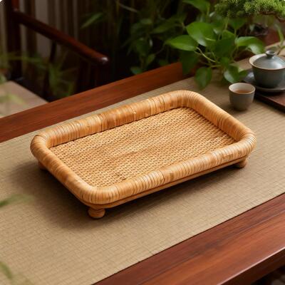 藤编托盘茶盘长方形手工编织茶台收纳干泡茶具 复古中式ins风