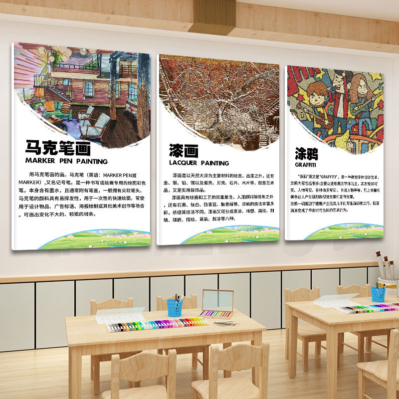 美术课程体系墙面布置装饰少儿画室书法培训中心艺术走廊挂图壁画