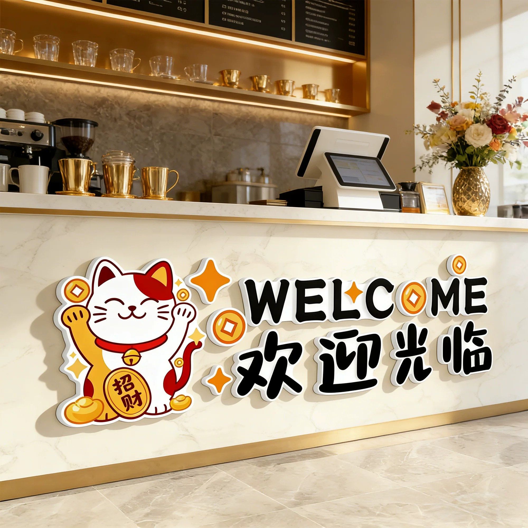 咖啡店收银吧台装饰画欢迎光临招财猫墙贴奶茶服装餐饮饭店背景墙