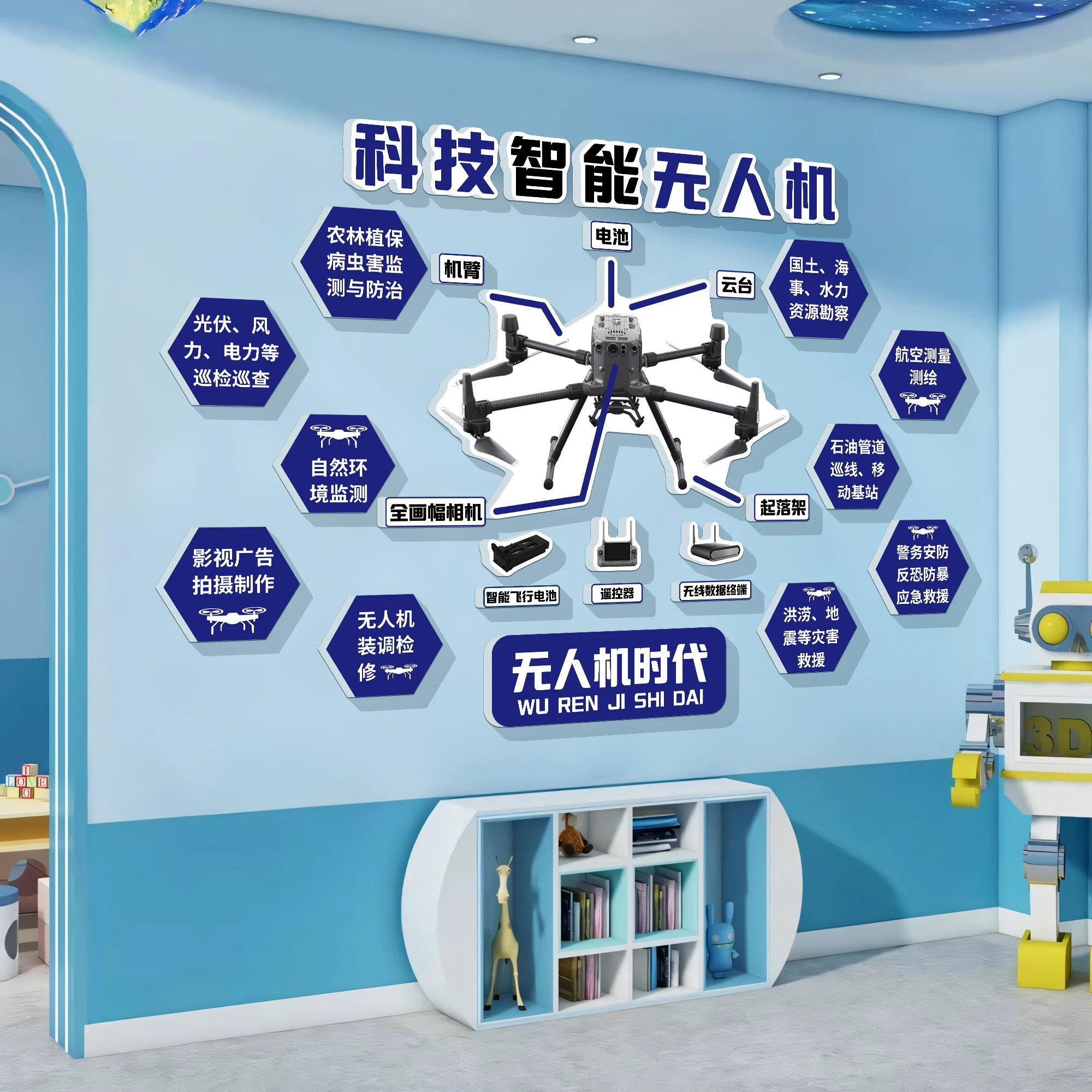 无人机文化墙面装饰科技学主题教室布置培训机构形象背景海报贴QT