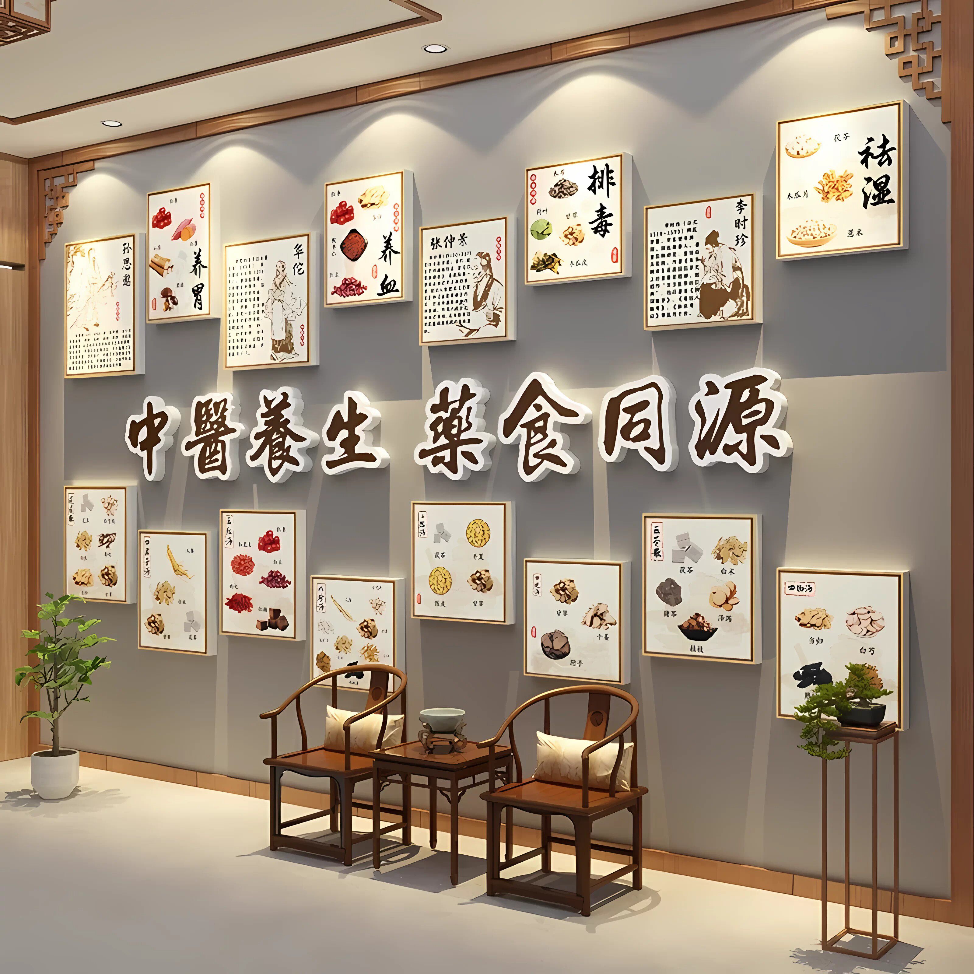 中草药标本展示墙面装饰挂画养生馆氛围布置药食同源文化形象背景