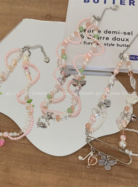 韩国新款粉色高亮仿珍珠项链 清新甜美百搭锁骨链蝴蝶爱心项饰品