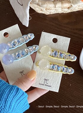 高级感彩色重工水晶发夹蓝色毛线蝴蝶结侧边夹碎发夹鸭嘴夹发卡女