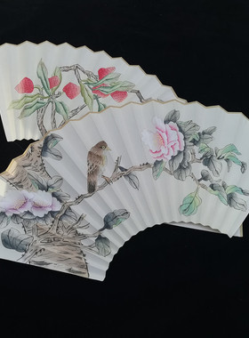 手绘花鸟山水苏工宣纸扇面