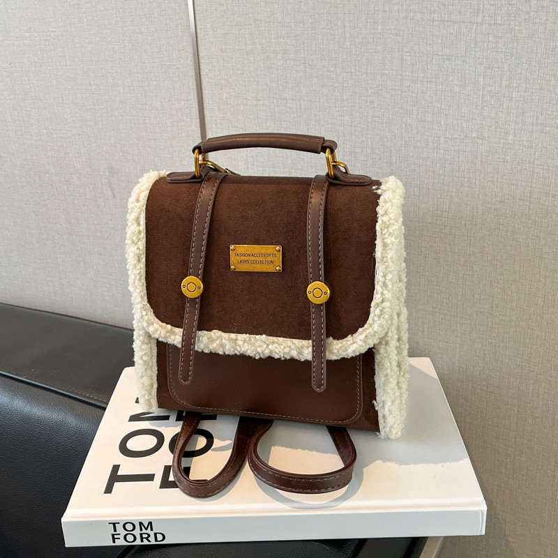 复古学院风双肩包女毛绒拼接迷你小背包百搭多功能女士单肩斜挎包