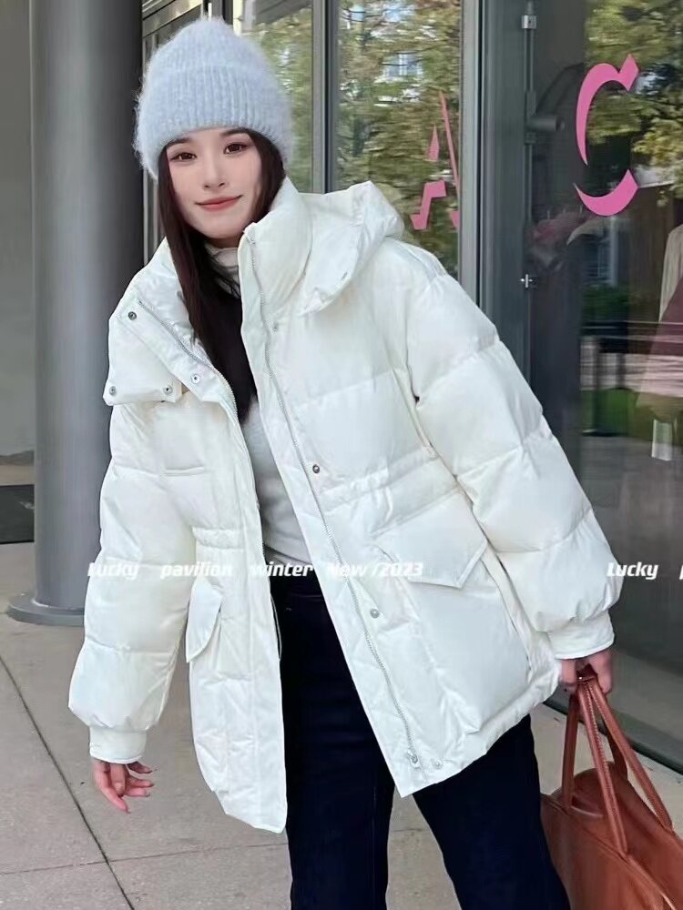 幸运阁白鸭绒加厚保暖休闲立领连帽羽绒服外套抽绳收腰显瘦冬季女