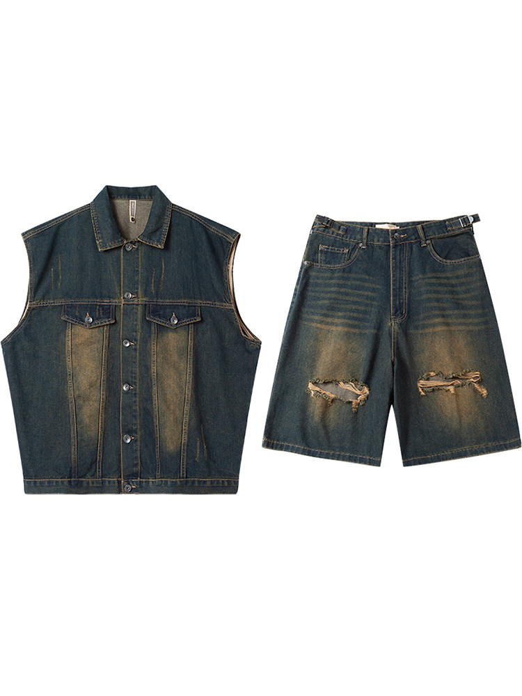 AMERICAN VINTAGE WASHED DISTRESSED DENIM VEST RIPPED SHORTS SUIT FOR MEN AND WOMEN SUMMER LOOSE SLEEVELESS SHOULDER JACKET