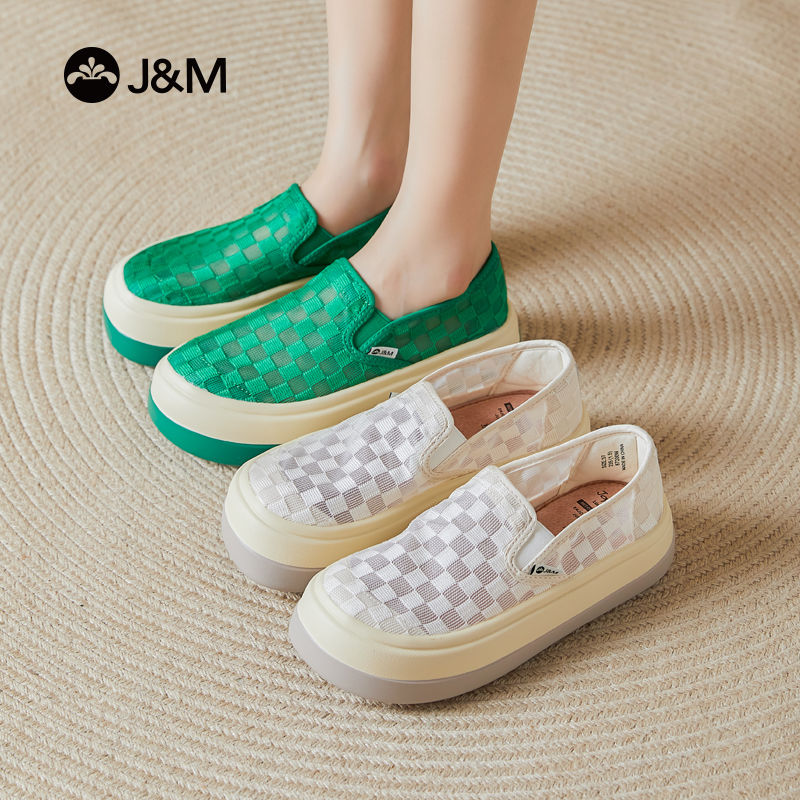 J&M/快乐玛丽棋盘格网面女鞋春季圆头浅口低帮透气镂空厚底87200W