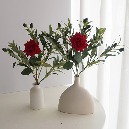 仿真绿植玫瑰花橄榄枝假花摆设客厅装饰插花仿生植物高端花艺摆件