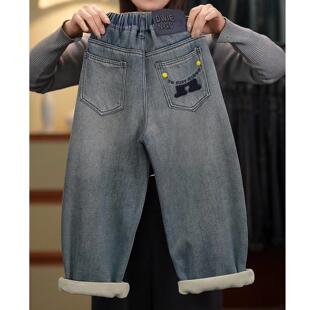 子儿童大童一体绒M毛巾绣休闲裤 HJ男童牛仔裤 裤 冬装 男孩 2025新款