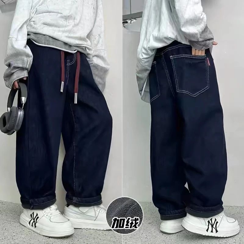 HM男童加绒裤子冬季牛仔裤加厚新款中大童冬款男孩一体绒休闲裤