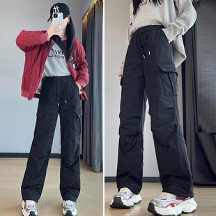 羽绒工装裤女款2024春秋新款阔腿裤直筒束脚登山裤女美式学生裤子