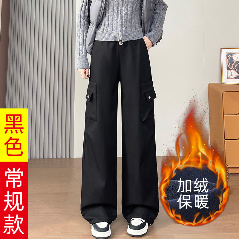 少女孩大童加绒工装裤女冬季新款中学生秋冬加厚保暖校服运动棉裤