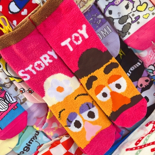 出口日本秋冬中筒女袜可爱珊瑚绒女袜玩具总动员蛋头夫妇土豆夫妇