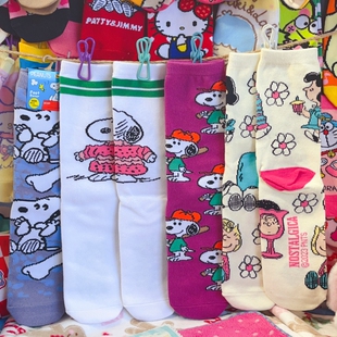 出口日本新品可爱史努比snoopy中筒袜女袜毛绒袜秋冬加厚珊瑚绒
