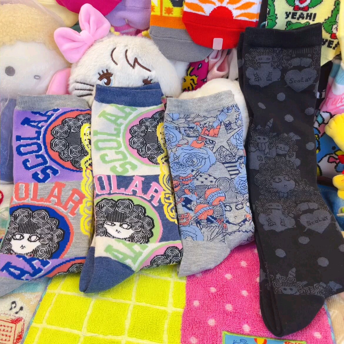 出口日系森系可爱猫咪女士中筒袜复古花卉个性艺术涂鸦袜子短袜