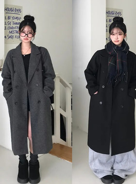 双排扣毛呢大衣女中长款宽松
