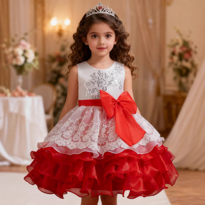 女童礼服裙子蝴蝶结花童婚纱晚礼服生日派对蓬蓬连衣裙节目演出服