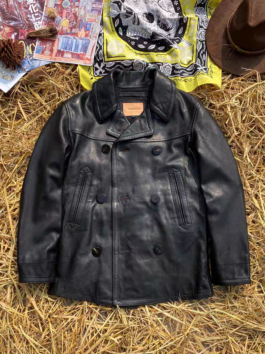 美式复古740 翻领双排扣做旧头层山羊皮皮衣男中长款大衣时尚外套