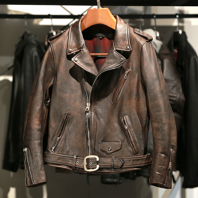 j24真皮机车服男翻领牛皮皮衣