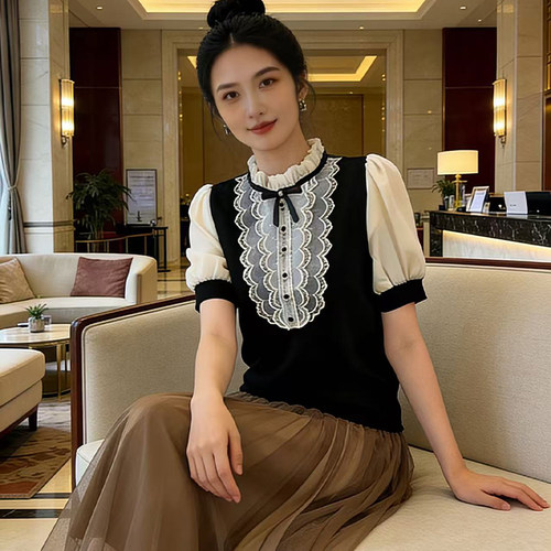 设计师原创复古千金风蝴蝶结系带木耳领针织衫女独特好看T恤上衣