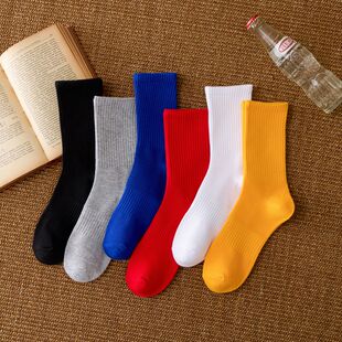 纯色袜子男士春夏黑白中筒潮流红长袜青少年灰色百搭蓝色高腰黄色
