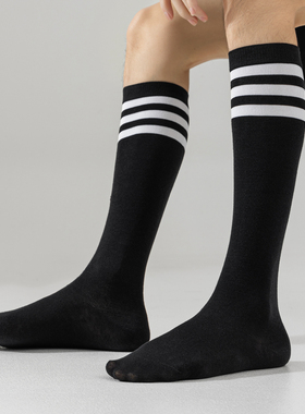 三条杠白色袜子男长筒春夏高筒足球小腿袜黑条纹运动潮大腿袜加长