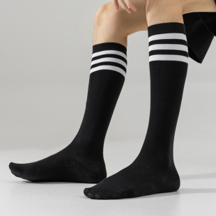 三条杠白色袜子男长筒春夏高筒足球小腿袜黑条纹运动潮大腿袜加长