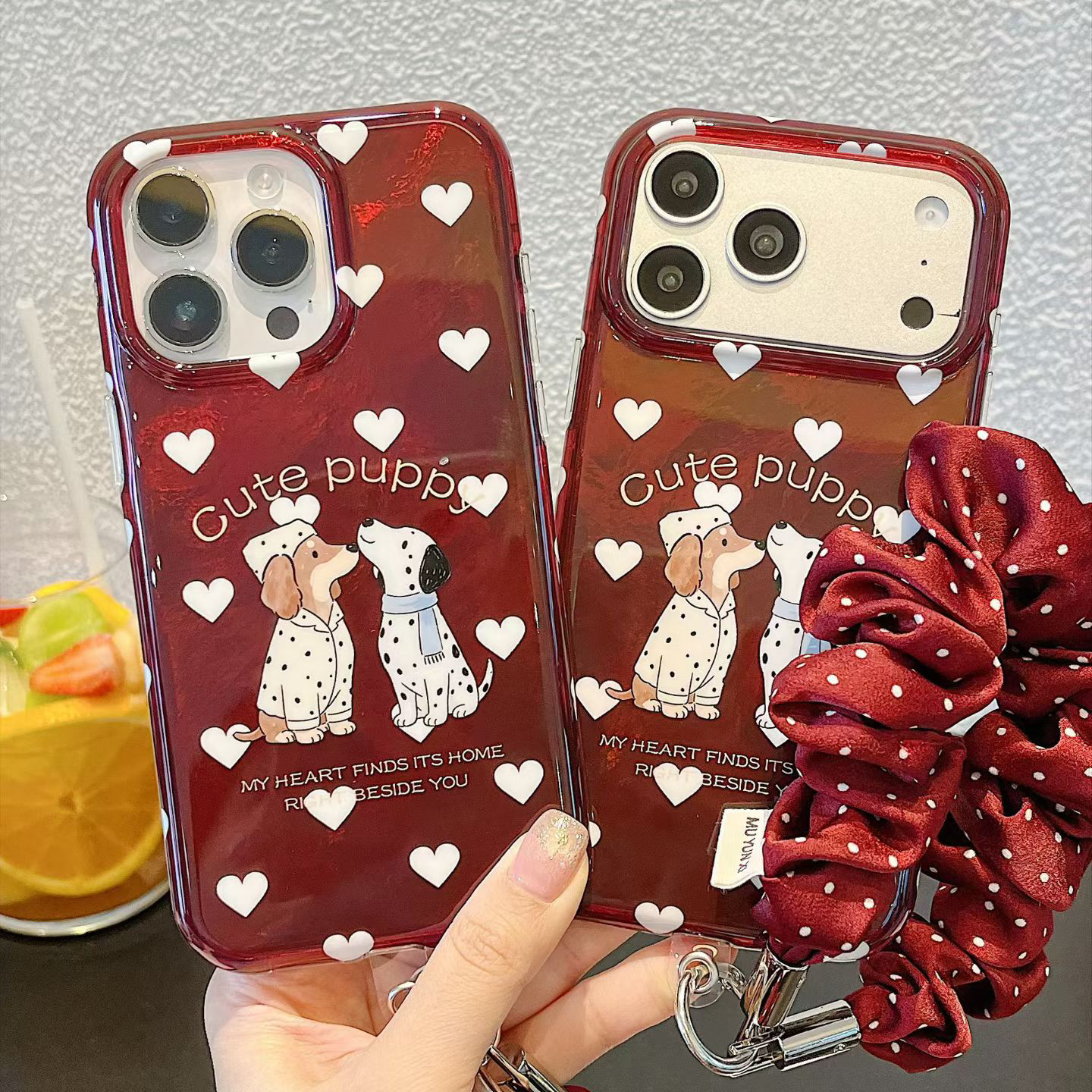 勃艮第酒红色白心心狗狗适用于苹果18promax手机壳iphone17pro保护套16防摔17pm新款15max手机套全包防摔外壳