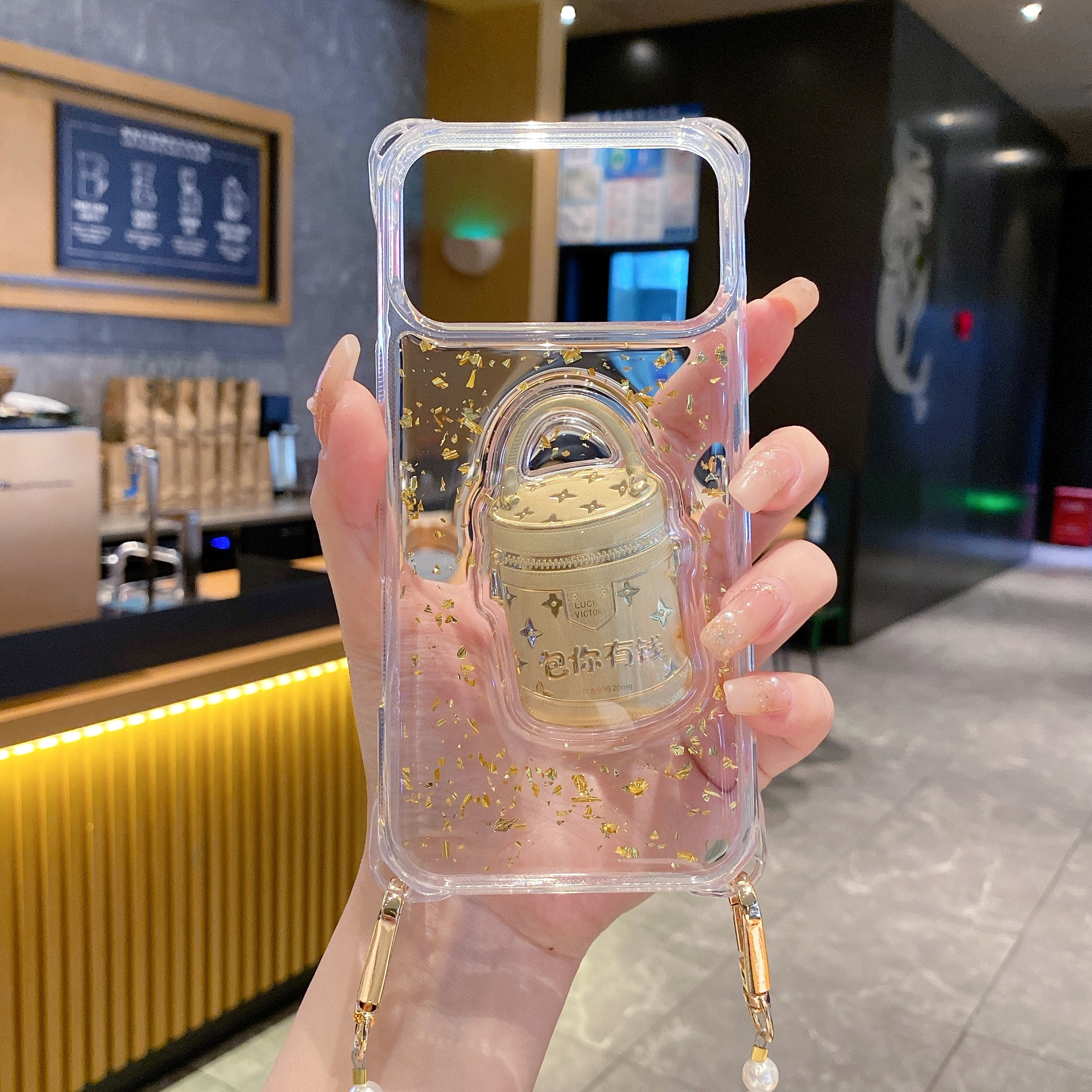 金箔滴胶包你有钱适用iphone15promax新款手机壳带挂绳斜挎可背17pro四角开孔15链条13手提14挂链12pro苹果17