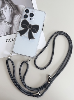 ins风蝴蝶结支架斜挎手机壳苹果16promax适用15Ultra四角开孔14p透明挂绳nova13pro保护壳mate40proMagic7Pro
