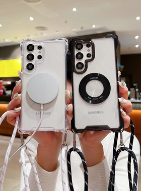 磁吸全包防摔四角开孔S24U电话壳适用三星S22Ultra手机壳透明硬壳s23utral带挂绳S25Ultra斜挎GalaxyS24plus