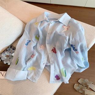 卡通刺绣防晒薄款衬衫长袖女2025夏季新款超仙小清新外穿百搭上衣