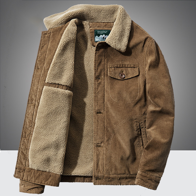 灯芯绒棉服男秋冬季加绒加厚覆古夹克棉衣短款大码男士羊羔绒外套