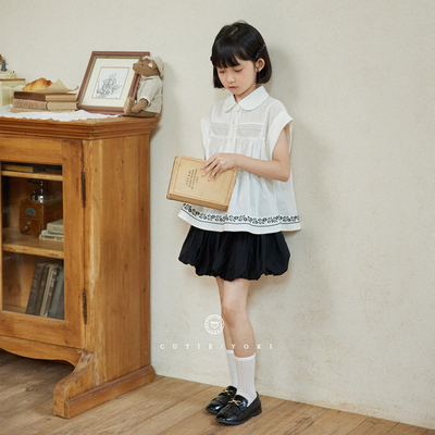 【直播福利】yoki童装童装重工刺绣打褶真丝丝棉轻薄翻领白衬衫