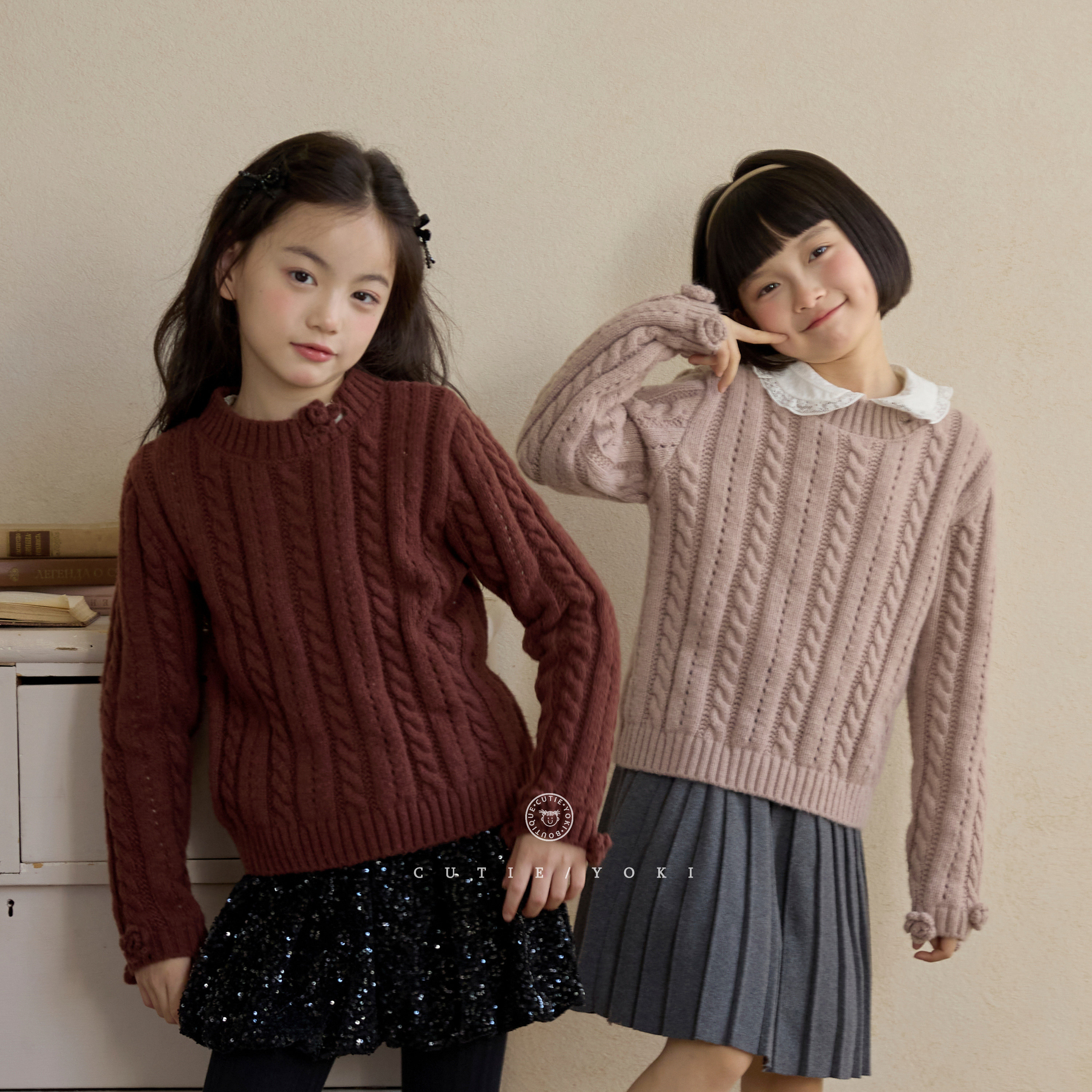 8折CUTIEYOKI童装女中大童套头针织衫手工勾花朵仿羊绒加厚毛衣