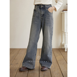 水洗做旧蓝灰 时髦女同阔腿裤 yoki童装 儿童牛仔裤