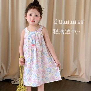 女童公主裙棉绸薄款宝宝吊带裙油画风沙滩裙儿童绵绸公主裙子无袖