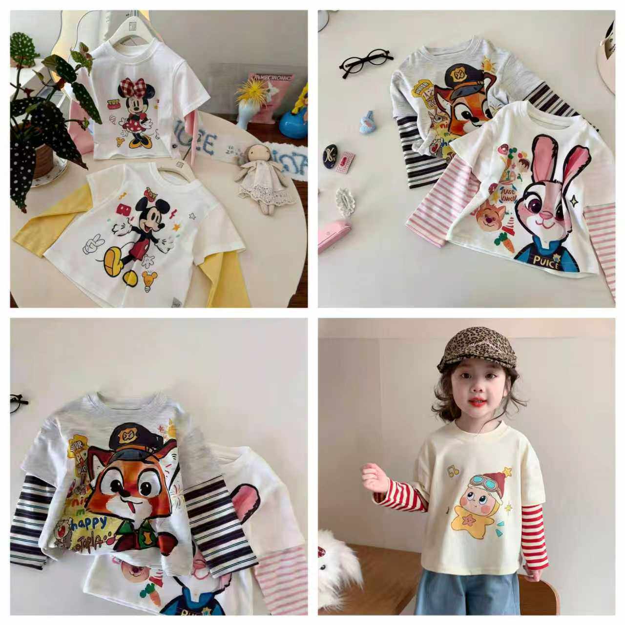 儿童纯棉T恤上衣春秋款男女宝假两件打底衫中小童卡通小衫卫衣