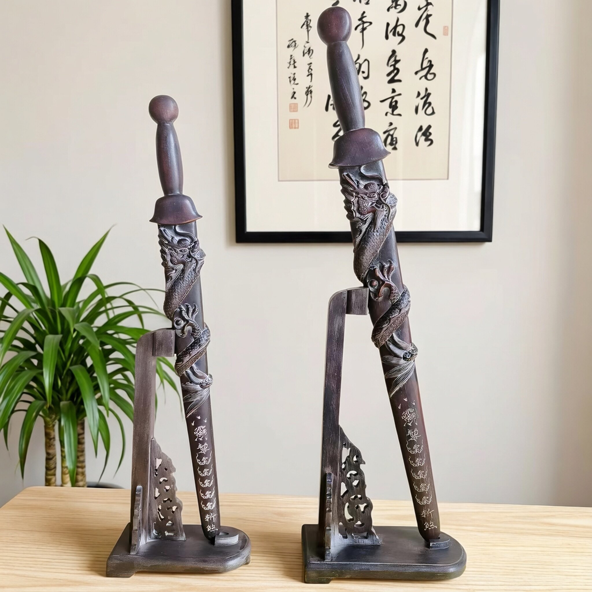 道家摆件手工木剑盘龙剑浮雕桃木盘龙剑道家用品桃木一体剑木剑