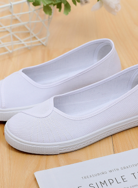 白色护士鞋女软底透气防臭防滑一脚蹬老北京布鞋牛筋美容师工作鞋